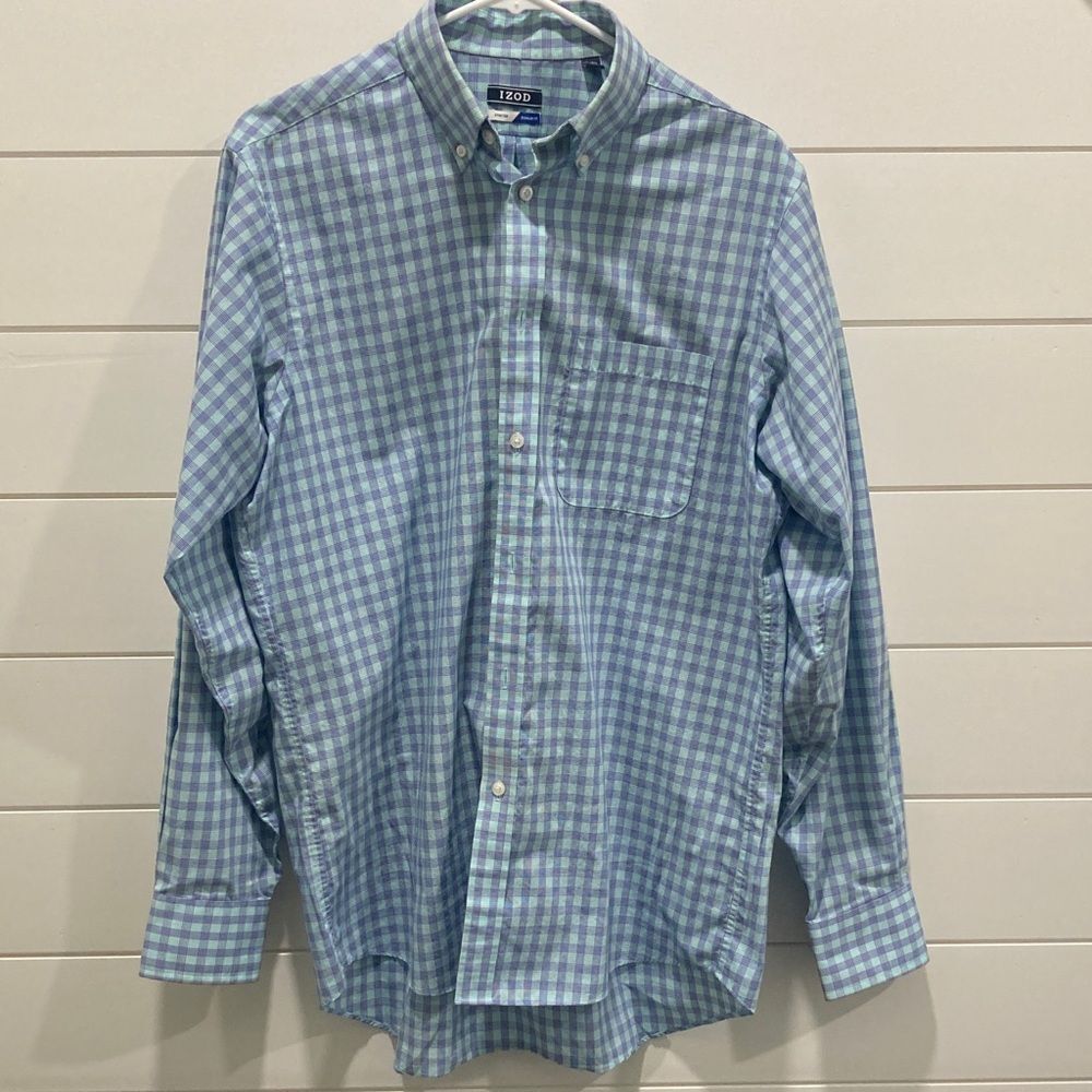 Izod Business Casual, Button-Down, Plaid Shirt-Sz 15-15.5-Reg Fit-GUC-Blue Green